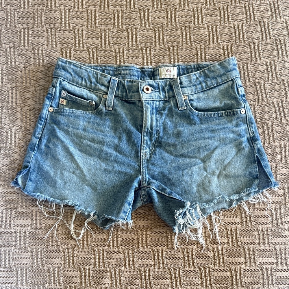 AG Adriano Goldschmied 98% Cotton Light Blue Distressed Denim Cutoff Shorts